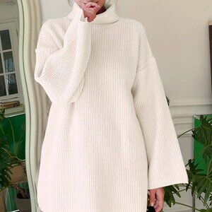White Casual Women's High-Neck Drop Shoulder Sweater
